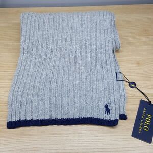 POLO RALPH LAUREN Mens Scarf Gray Ribbed Stripe Hem Wool Blend Pony Logo 9x70